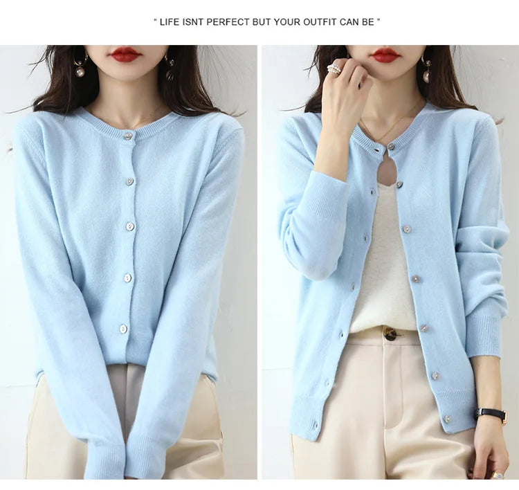 Knitted Cardigan Women's Sweater Autumn And Winter 2022 New Solid Color Coat Round Neck Short Long Sleeve Loose Korean Fashion