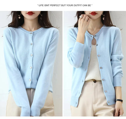 Knitted Cardigan Women's Sweater Autumn And Winter 2022 New Solid Color Coat Round Neck Short Long Sleeve Loose Korean Fashion