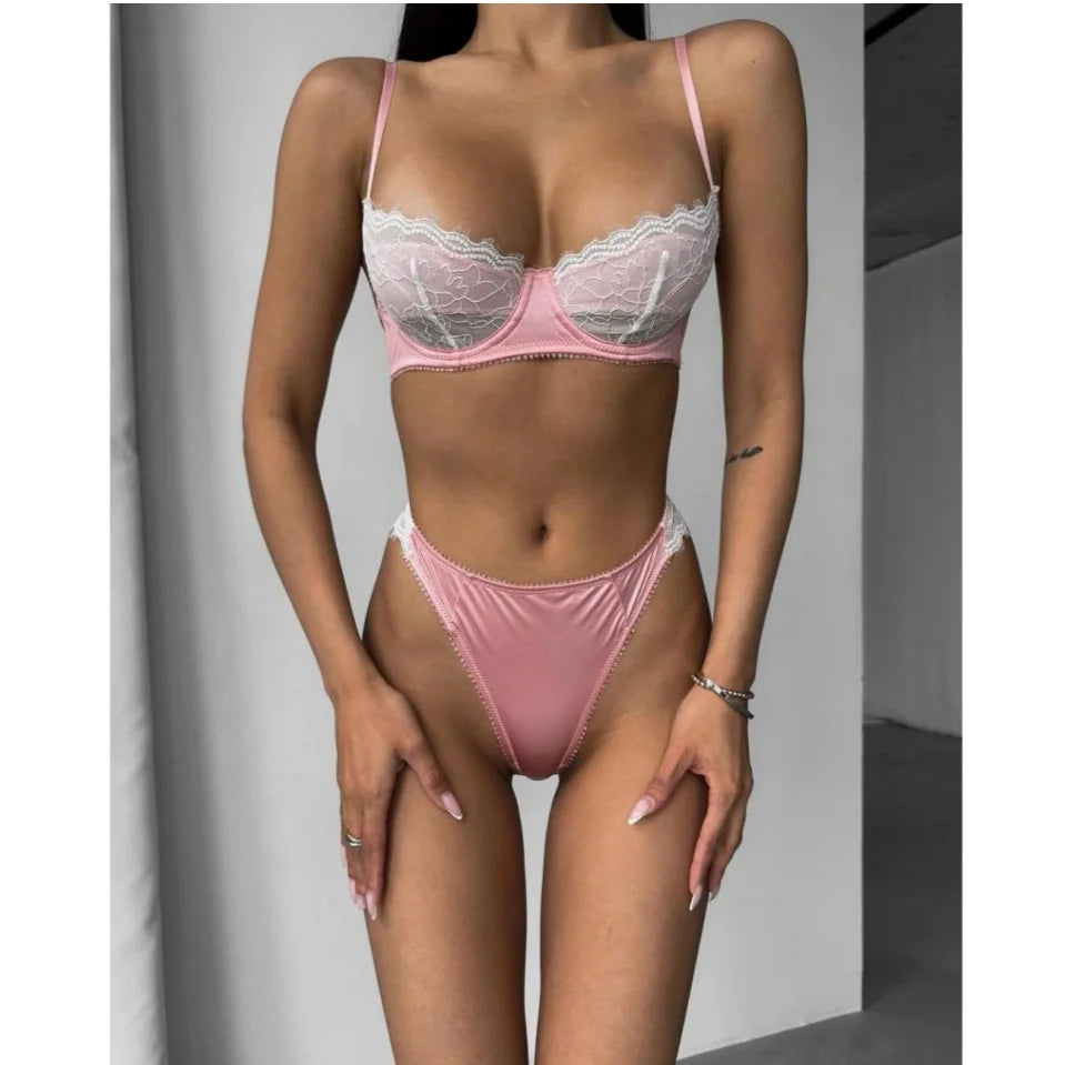 French Satin Lace Bra And Thong Set Sexy Ultrathint Lace Patchwork Lingerie Two Picec Sets Fancy Erotic Intimate Underwear Suit