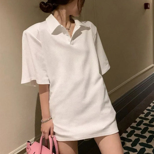 Stylish Women's Korean Polo Shirt - Short Sleeve, Loose Fit, Solid Color, Plus Size for Effortless Summer Chic