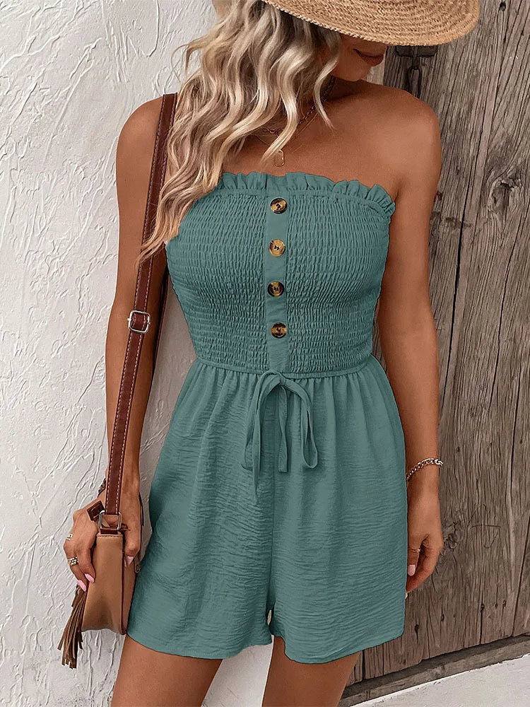 Summer Fashion Splicing Women's Solid Color Sexy Sleeveless Bra Button Tie Waist Casual Comfortable Jumpsuit Shorts 3/4