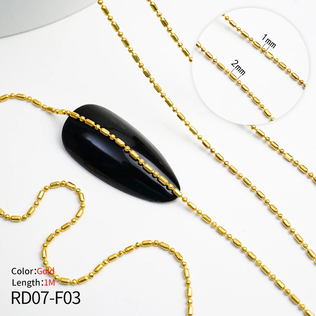 Nail Chain Rhinestone Beads Charms Gold Silver 3D Rhinestone Art Decoration Jewelry Parts Metal Steel Press on Nails Accessories RD07-F03(1m)gold