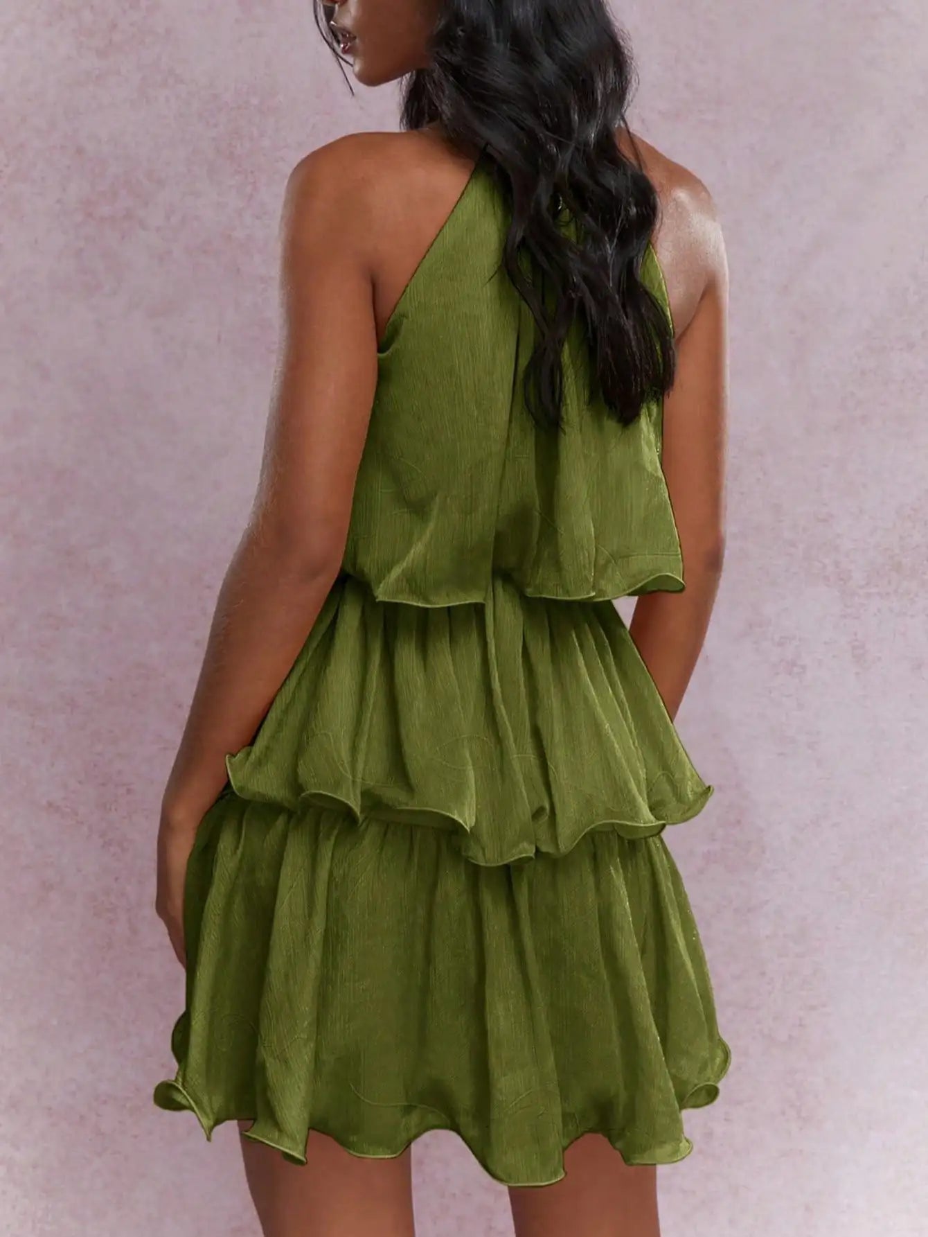 Women's Boho Elegant Tiered Ruffle Mini Dress Sleeveless Halter Neck Party Dress St Pleated Flowy Green Holiday Outfit