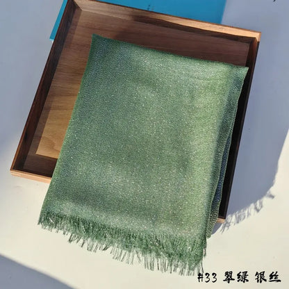 Lastest Brand Design Scarf Shiny Solid Color Shawls Rayon Fabric Gold Silk Silver Wire Head Shawl Fringe Hijab For Women 33