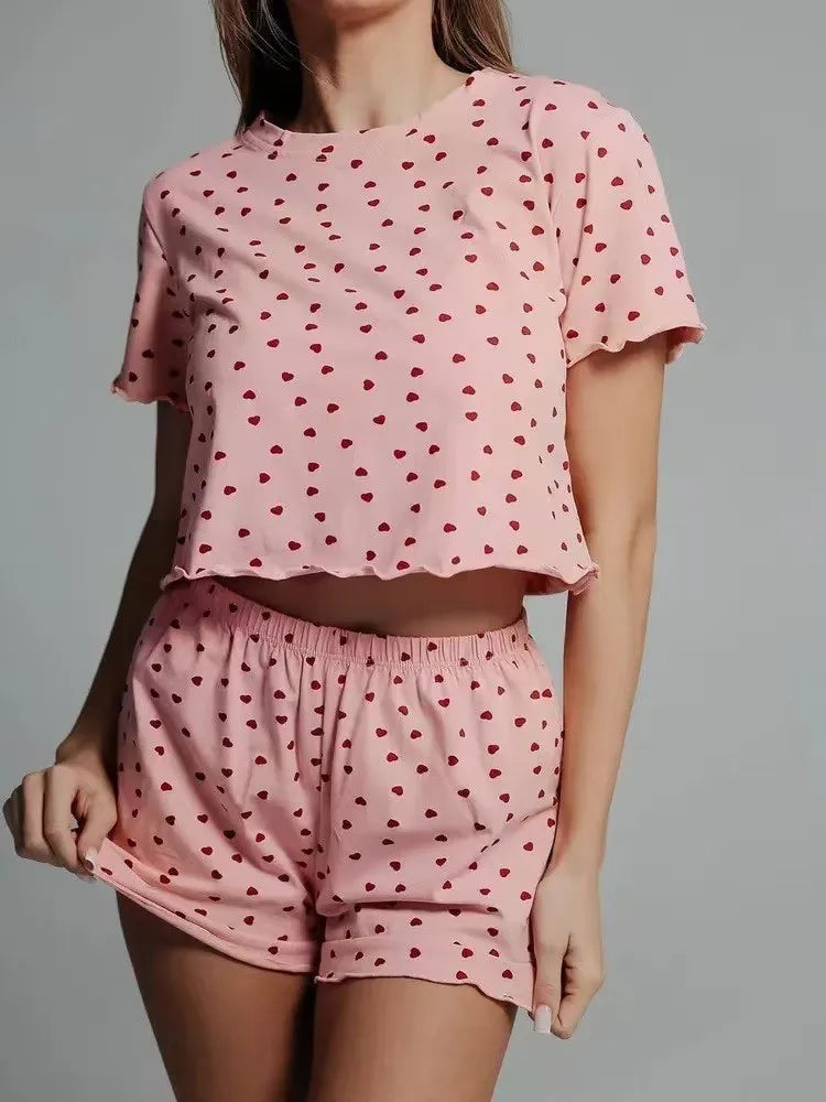 Womens Cute Heart Print Pajama Set Two Piece Short Sleeve Crop Top Ruffle Shorts Sleepwear Loungewear Casual Summer Nightwear ﻿ pink