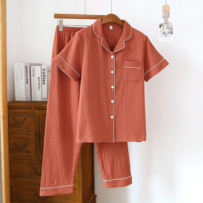 2025 New Japanese Spring/Summer Couple Pajama Set 100% Cotton Crepe Short Sleeve and Long Pants Two Piece Home Suit Thin Style Red ( women