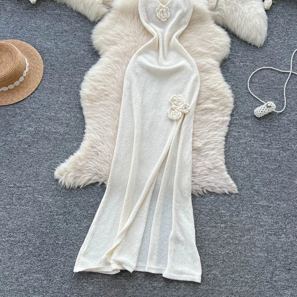 SINGREINY Halter 3D Floral Maxi Sundress Women Sleeveless Bodycon Elastic Beach Dress Vacation Knitted Split Sexy Long Dress