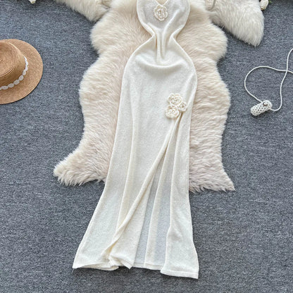 SINGREINY Halter 3D Floral Maxi Sundress Women Sleeveless Bodycon Elastic Beach Dress Vacation Knitted Split Sexy Long Dress