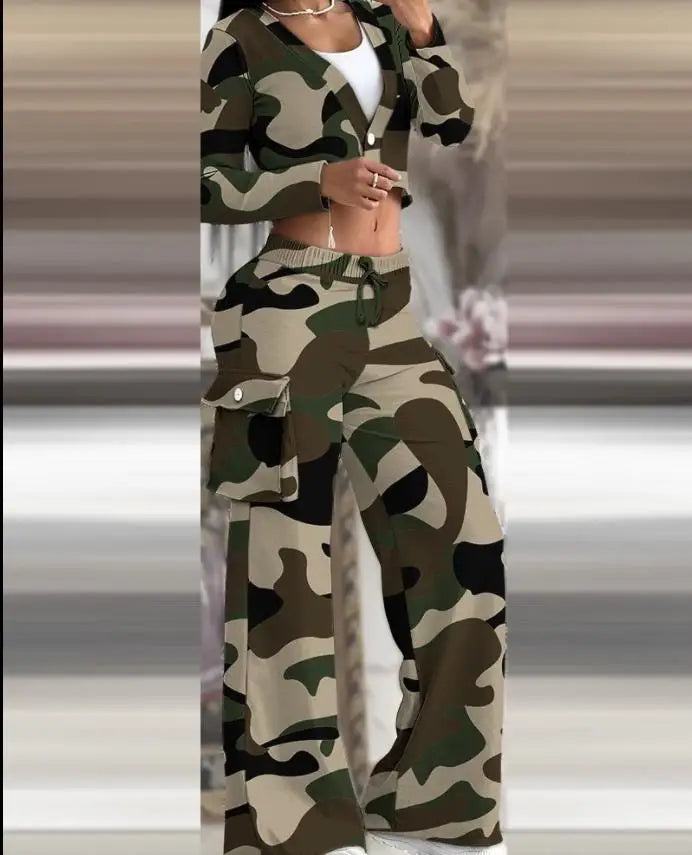 Women's Spring Summer New Fashionable Solid Color Printed Sexy Waist Short Top Casual Pants Set For Women