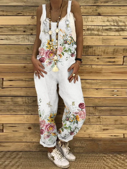 Women Overalls Summer Jumpsuits Thin Vintage Sweet Print Suspenders Loose Female Casual Large Size New Straight-leg Pants 4