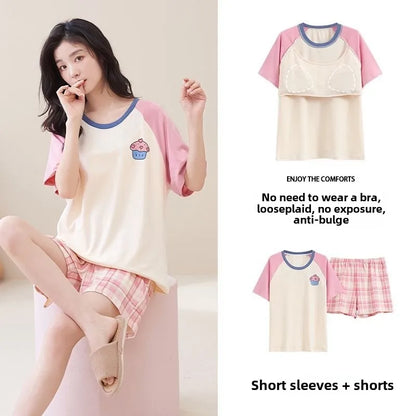 Pijama Set Women Short Sleeve Pullover Sweet with Chest Pads Cartoon Student Casual Home Plus Size Ladies Romantic Sleepwear D26