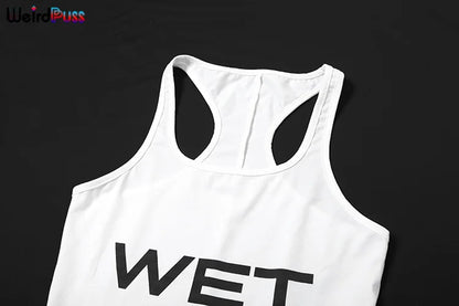 Weird Puss Letter Print Romper Women Low-Neck Sporty Casual Sleeveless Stretch Activity Skinny Playsuit Tight Short Overalls