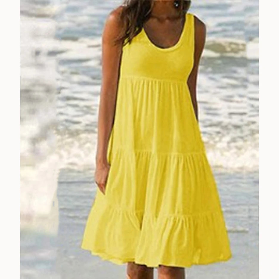 Women Causual O Neck Sleeveless Ruffles Mini Dress Boho Solid Beach Sundress Oversized Loose Dress 2023 Summer 8806-Yellow