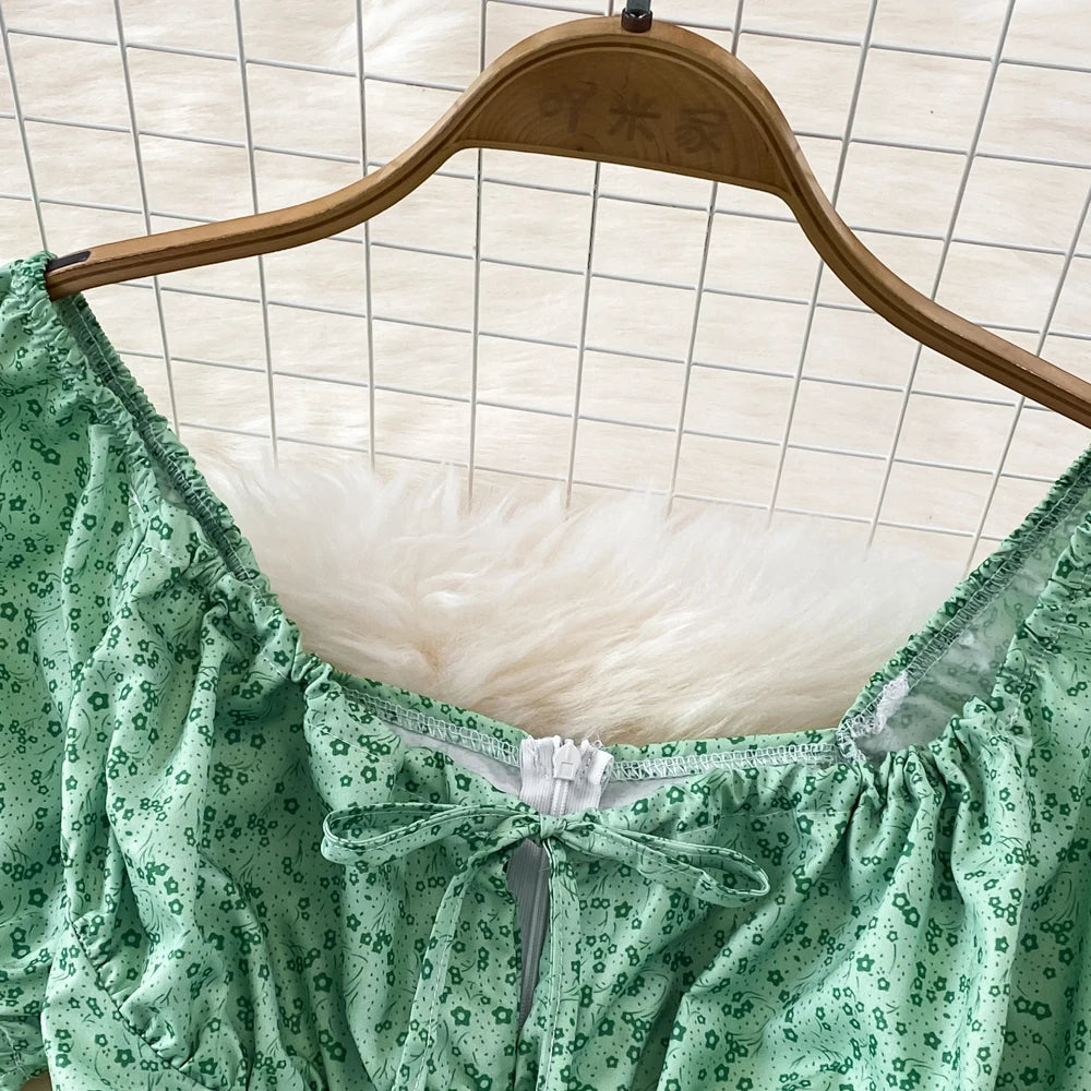 Summer Vintage Dress Blue Floral Summer Bubble Sleeve Tie Up Sexy Dresses Women A-line Print Split Long Dress Elegant Vestidos