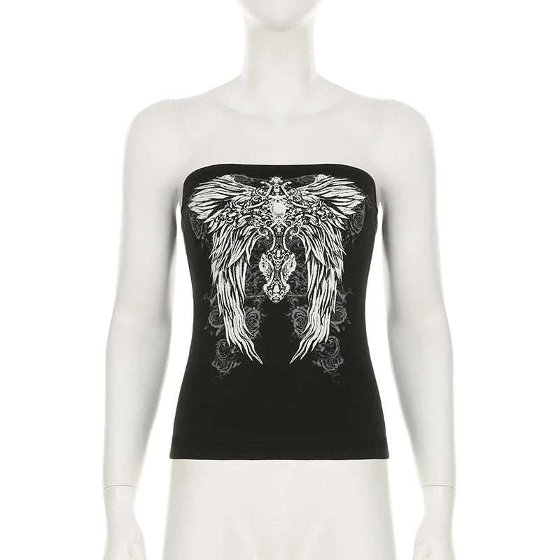CIBBAR Gothic Print Black Tube Top Women Strapless Skinny Cropped Tops Summer Casual Chic Graphic Tees y2k Streetwear Vest Basic