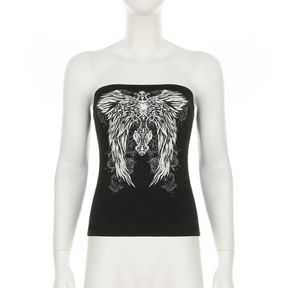 CIBBAR Gothic Print Black Tube Top Women Strapless Skinny Cropped Tops Summer Casual Chic Graphic Tees y2k Streetwear Vest Basic