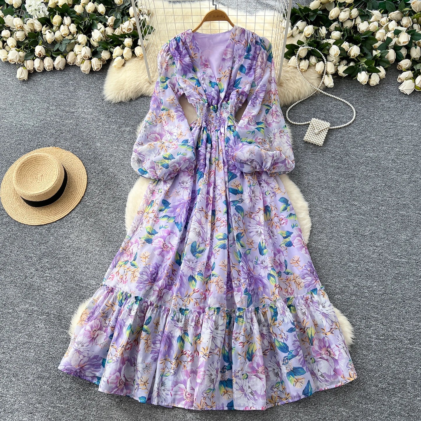Chic vintage long sleeve lantern sleeve V-neck print pleated Elegant Fairy korean dress women clothing Long dress PURPLE One Size