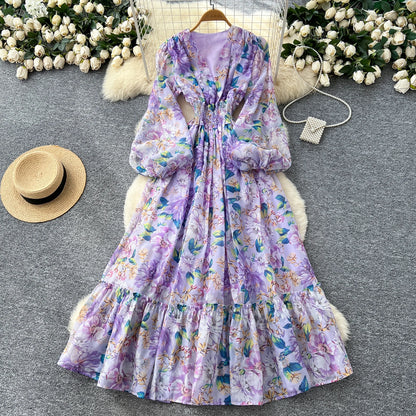 Chic vintage long sleeve lantern sleeve V-neck print pleated Elegant Fairy korean dress women clothing Long dress PURPLE One Size