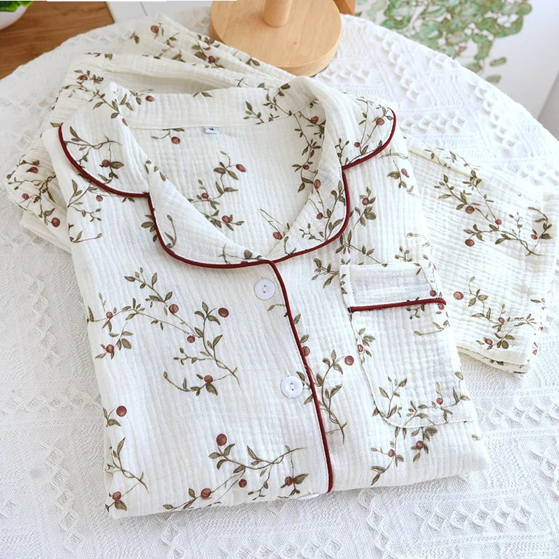 2025 Japanese Spring and Autumn New Women's Pajama Set 100% Cotton Crepe Long sleeved Pants Cardigan Cute Plus Size Home Fury white