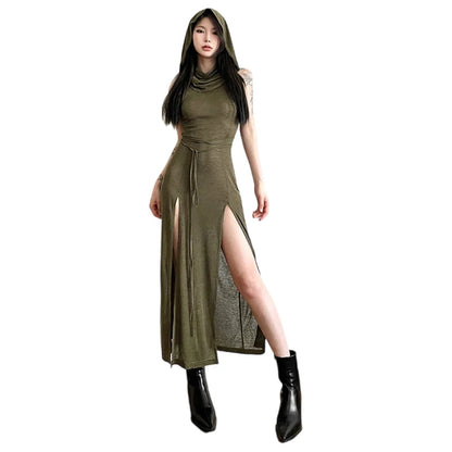 Xingqing Grunge Dress y2k Women Clothes Solid Color Sleeveless Hollow Out Back Slit Hooded Dress 2000s Halloween Party Dresses