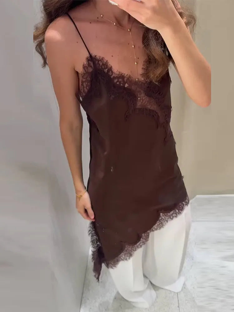 Sexy V-neck Sling Dress Women Fashion Sleeveless Lace Patchwork Irregular Mini Dresses 2025 Lady Summer Chic Casual Holiday Robe