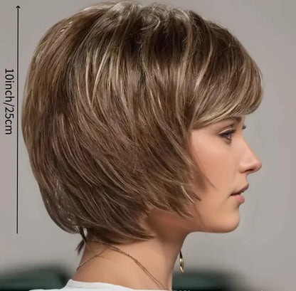 Women's Fashion Bob Hair Short Blonde Bob Wigs with Bangs Black Roots Straight Synthetic Ombre Hair Party Wig for Lady