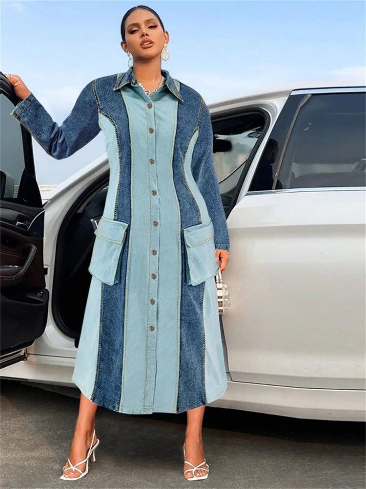 Wmstar Plus Size Denim Dresses Women Long Sleeve Casual Button Pockets Striped Maxi Dress Fall Clothes Wholesale Dropshipping