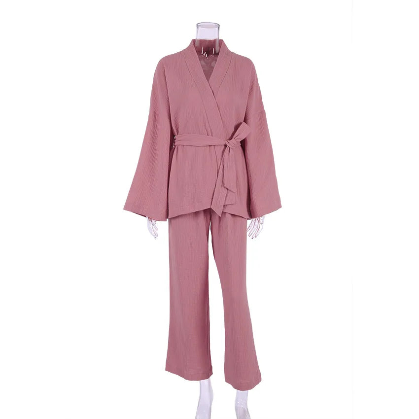 NHKDSASA Kimono Pajamas 2023 New 100% Cotton Crepe Long-Sleeved Trousers Ladies Sleepwear Suit Women's Home Service Mujer Pink