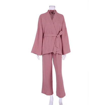 NHKDSASA Kimono Pajamas 2023 New 100% Cotton Crepe Long-Sleeved Trousers Ladies Sleepwear Suit Women's Home Service Mujer Pink