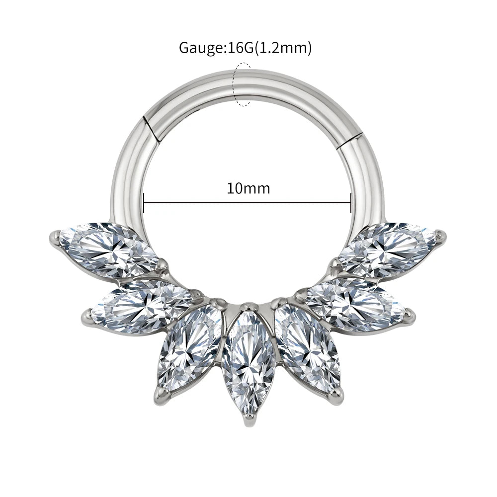 Right Grand 16G Marquise CZ Hinged Segment Hoop Nose Ring ASTM F136 Titanium Septum Piercing Cartilage Daith Hoop Earring Tit 1.2x10mm