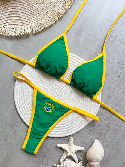 RUOTONSEPT Sexy Embroidery Brasil Flag Contrast Split Bikini Set Women Swimwear Patchwork Swimsuit Hottie Outfit SummerBeachwear RT2505