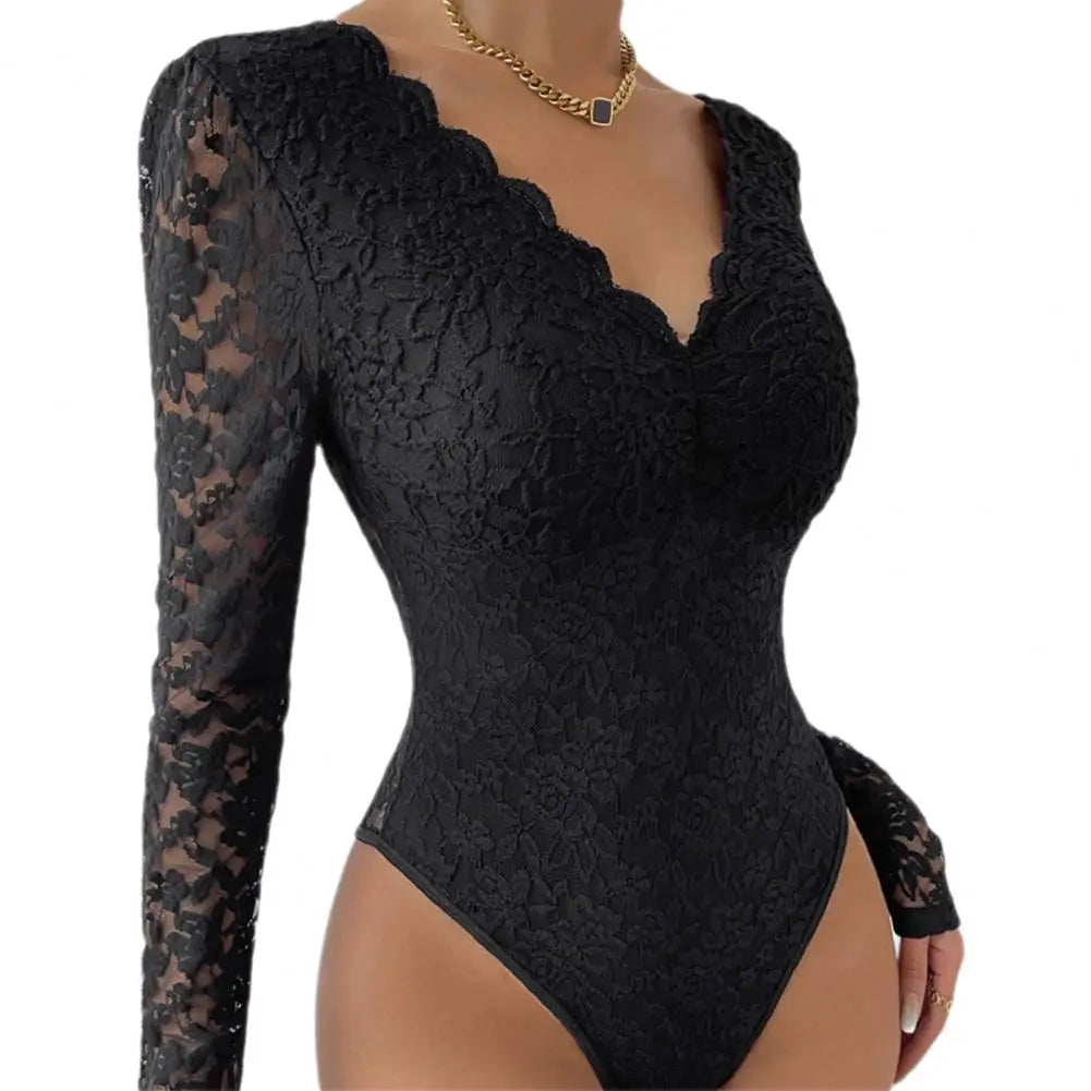 Slim Fit Bodysuit Elegant Lace Embroidered Bodysuit Deep V Neck Long Sleeve Playsuit Women's Slim Fit Spring Romper Lace Black China