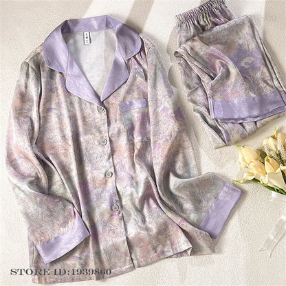 Women Long Sleeve Pajamas 2PCS Set Spring Summer New Sleepwear Loungewear Fashion Stripes Pyjama Pour Femme Loose Satin Homewear Purple Pajamas 22