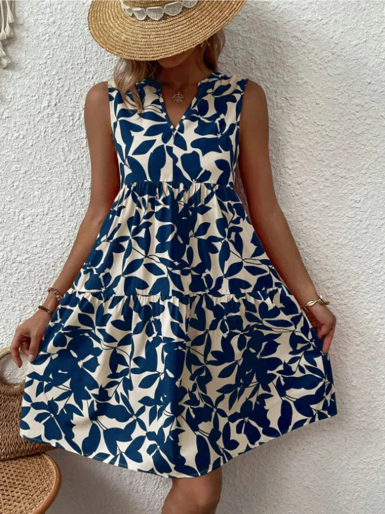 Women Boho Print Mini Dress Summer Elegant Sleeveless V Neck Ruffle A Line Tank Dress Casual Loose Oversize Beach Party Sundress Navy Blue