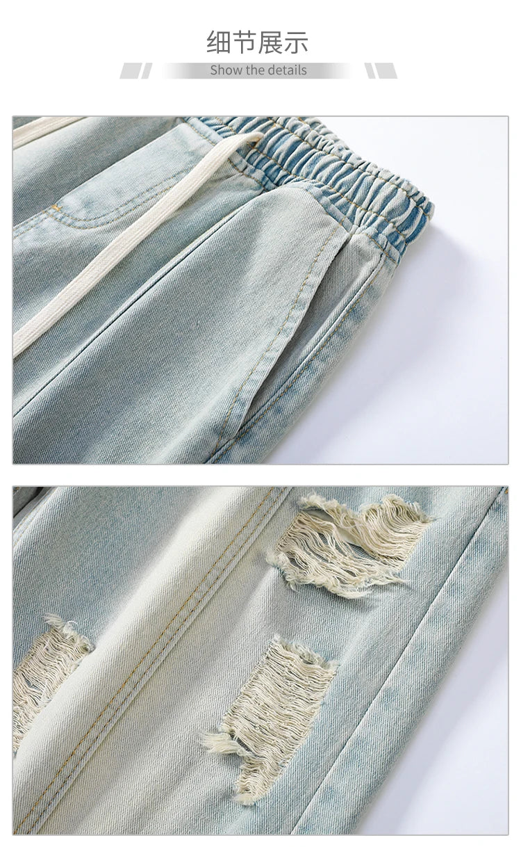 Men's Summer Ripped Jeans Loose Straight Leg Retro Men Draw Rope Port Fashion Brand All-match Casual Pants
