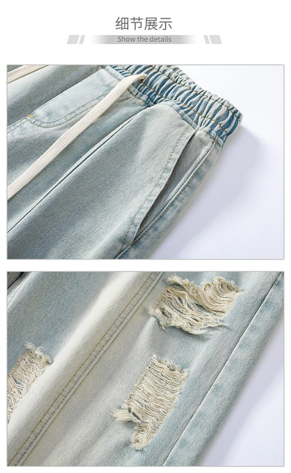 Men's Summer Ripped Jeans Loose Straight Leg Retro Men Draw Rope Port Fashion Brand All-match Casual Pants