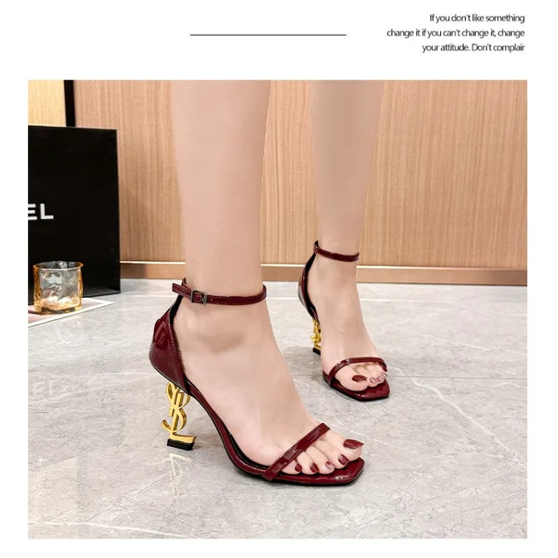 High Heel Open End Sandals, Sexy, with Unique Strap, Red Wine Color, Elegant Personality New Summer Style Elegant Ladies Sandals