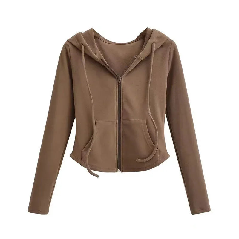 Lucyever Cropped Hooded Zip-Up Jacket Women Autumn New Slim Long Sleeve Y2K Sweatshirts Female Solid Streetwear Sports Hoodies coffee
