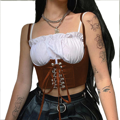 Women Corset Bustier Crop Top Lace-up Bandage Black Gothic Leather Underbust Suspender Cami Vest Waist BodyshaperTank Cummerbund as shown picture 9