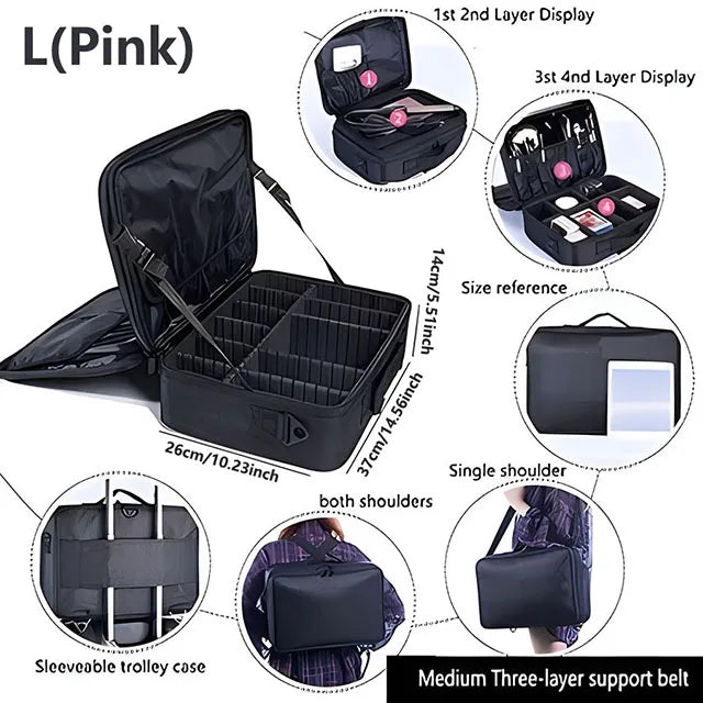Professional Makeup Case Female Travel Big Capacity Beauty Nail ToolBox Cosmetic Organizer Suitcases For Makeup Storage Boxs L(black)