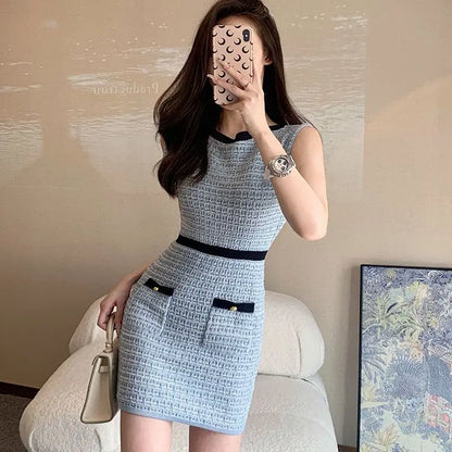 Korejpaa Korean Fashion Tank Dresses Women Simple Contrast Color Sleeveless Knitted Bodycon Dress Casual Slimming Vestidos Light Blue
