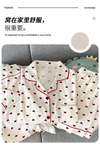 Women Summer Pajamas Three-piece Set Leisure Sleepwear Short Sleeve Lapel Sweet Heart Print Homewear Female Loose Loungewear