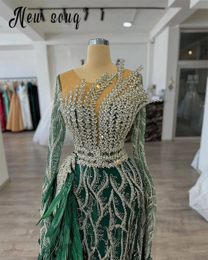 Emerald Green Appliques Mermaid Evening Dresses Elegant Overskirt Feather Prom Dresses Sequins Formal Party Gown Customized Badiee Stylez