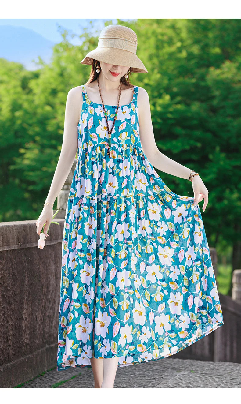 New Fashion Casual 2025 Summer Elegant Dresses For Women O-Neck Print Vintage Sleeveless Dress Loose Women Clothing