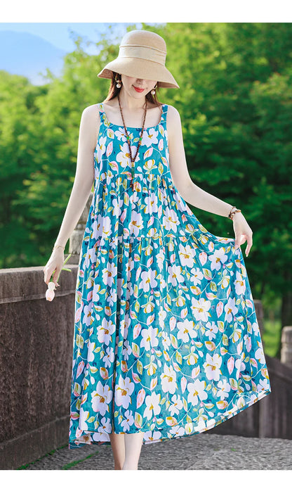 New Fashion Casual 2025 Summer Elegant Dresses For Women O-Neck Print Vintage Sleeveless Dress Loose Women Clothing