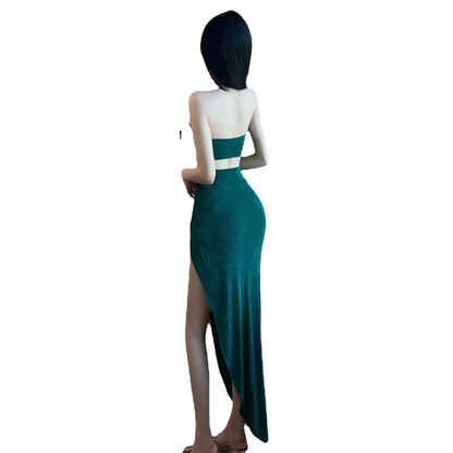Summer New Women's Vintage Temperament Dark Green High Split Long Dress Wrapped Chest Sexy Fashion Elegant Hollow Set 8879