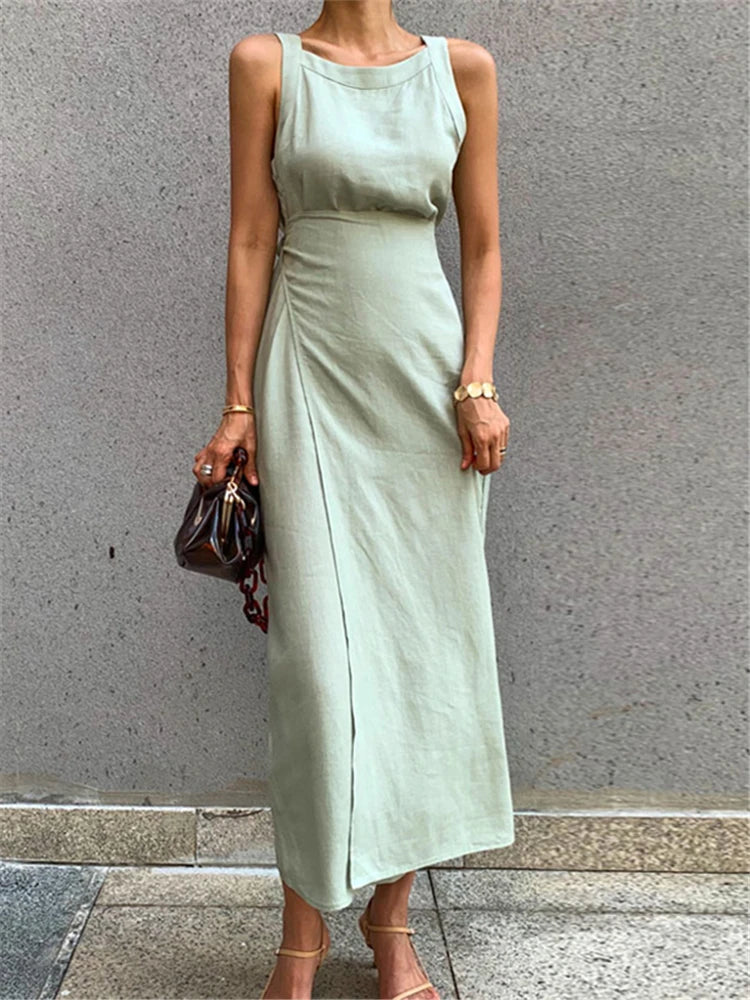 REALEFT New 2024 Summer Cotton Linen Women's Long Dresses Vintage Lace Up Maxi Dress Sashes Sleeveless Female Tank Beach Dresses Green One Size