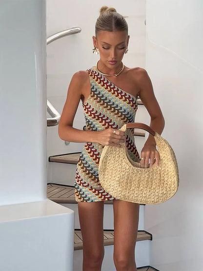 Rainbow Knitted Single Shoulder Mini Dress Women Sexy Sleeveless Waist Hugging Tight Short Dresses 2025 New Summer Party Vestido Badiee Stylez