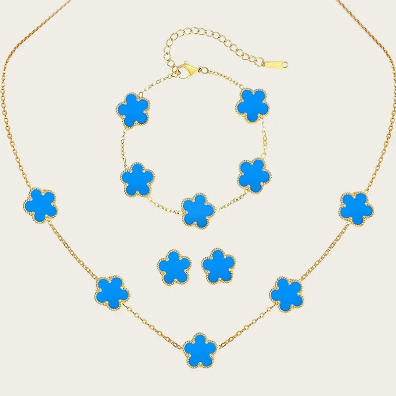 Stainless Steel Sets Earrings Necklace Bracelet Christmas Birthday Gifts Gold Plated Women's Double Sided Flower Elegant Fashion blue-gold