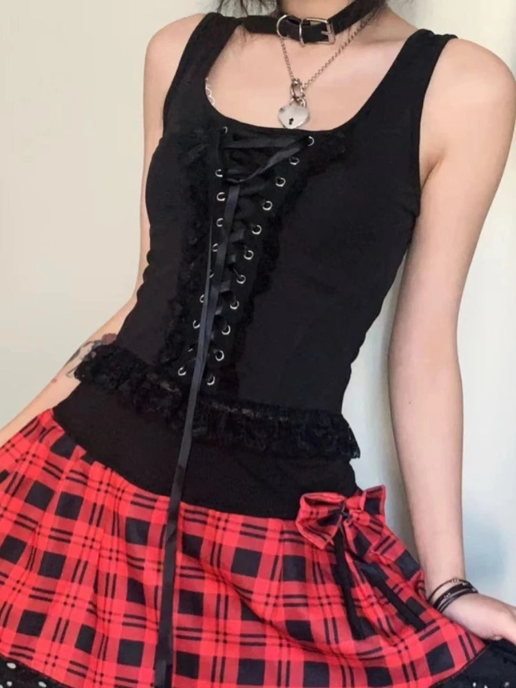 2025 Streetwear Lace Patchwork Tank Tops Women Y2k Aesthetic Halter Crop Top Sweet Bandage Off Shoulder Cross Drawstring Tanks